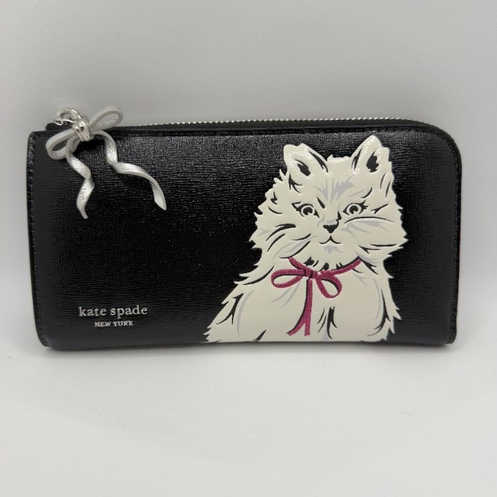 Kate Spade Whiskers Zip Around Continental Wallet KI714 Black with White Cat - Picture 5 of 12